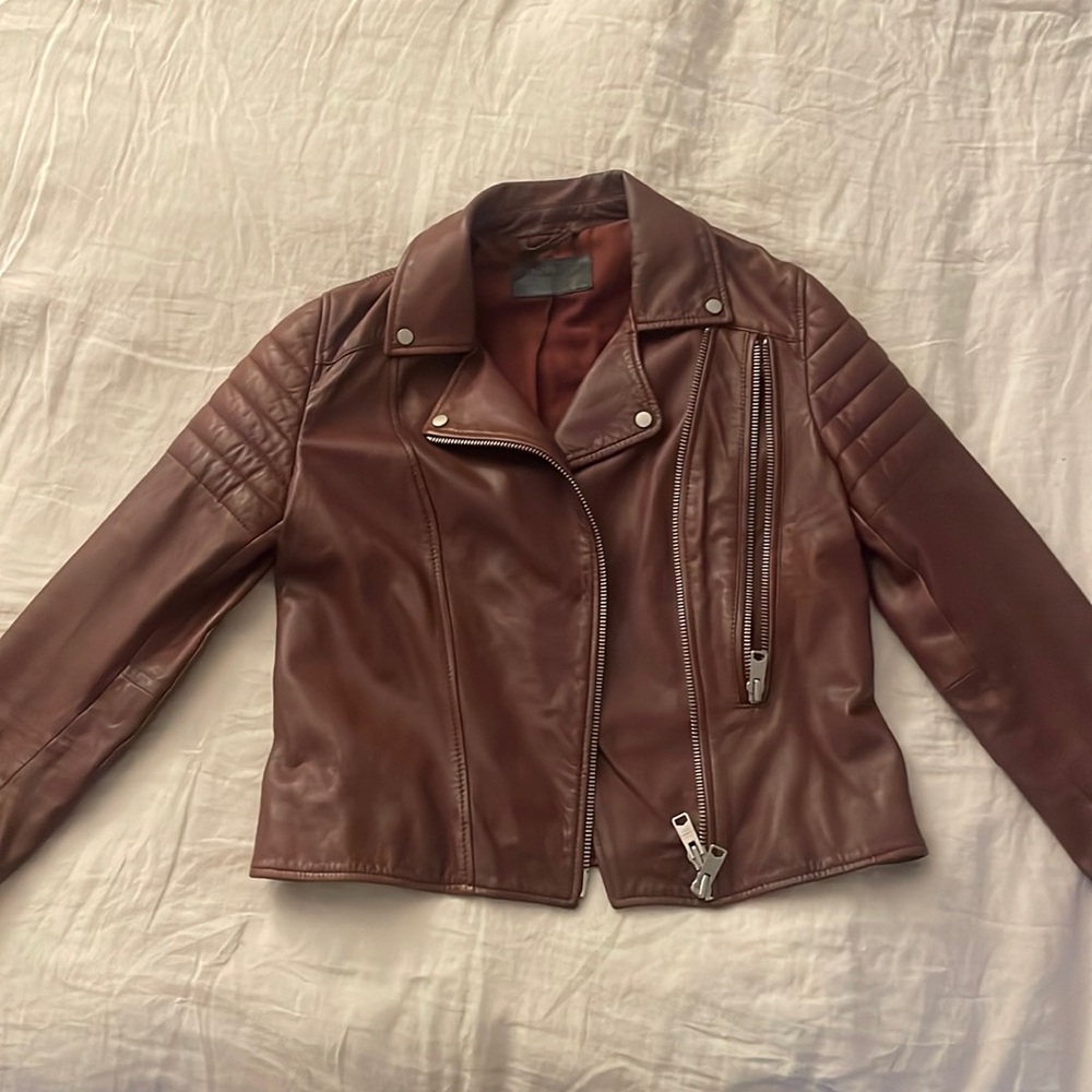 All Saints Maroon Biker Jacket, Genuine Leather, Size 8